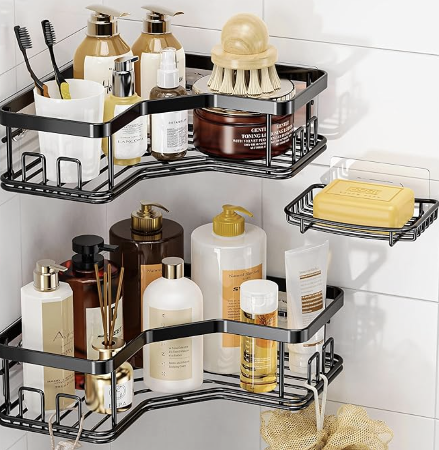 MAXIFFE 3 Pack Corner Shower Caddy with Soap Holder, Large Capacity Sturdy Easy Install No Drilling Stainless Steel Hold 40 LBS Shower Organizer Shelves Rack Storage for Family Renters Bathroom, Black